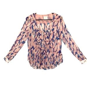 Maeve By Anthropologie Painted Print 100% Silk Blouse Sheer Button Ruffle Size 2